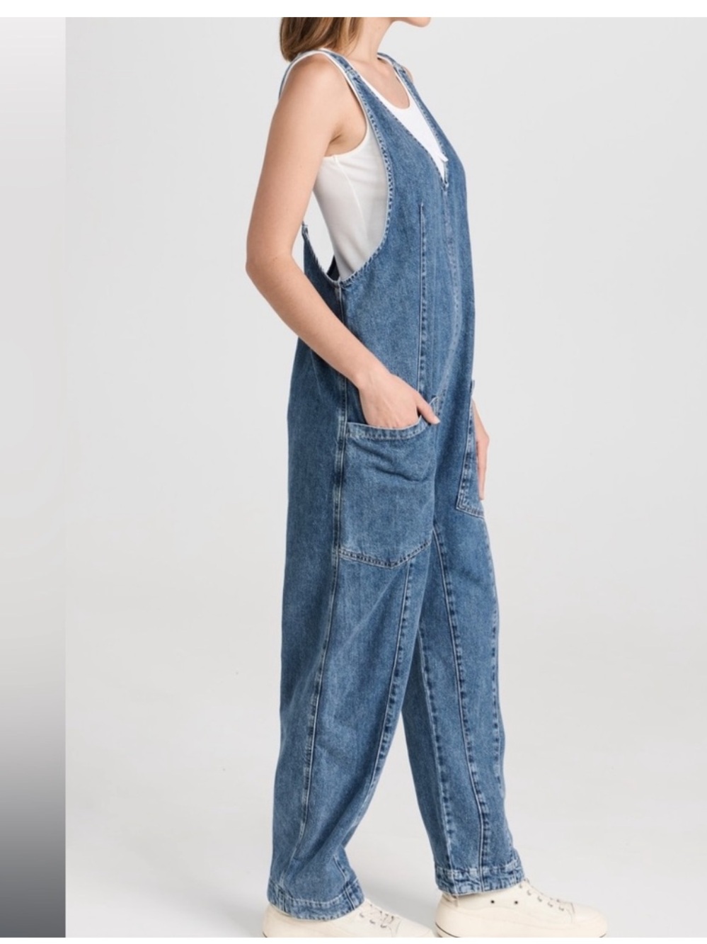 Free People Washed Blue Denim Relaxed Overalls